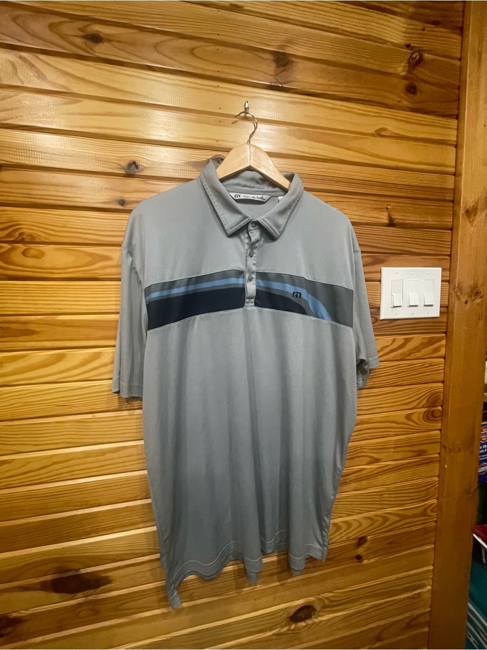 Travis Mathew Light Gray Polo with Blue and Black Chest Stripes